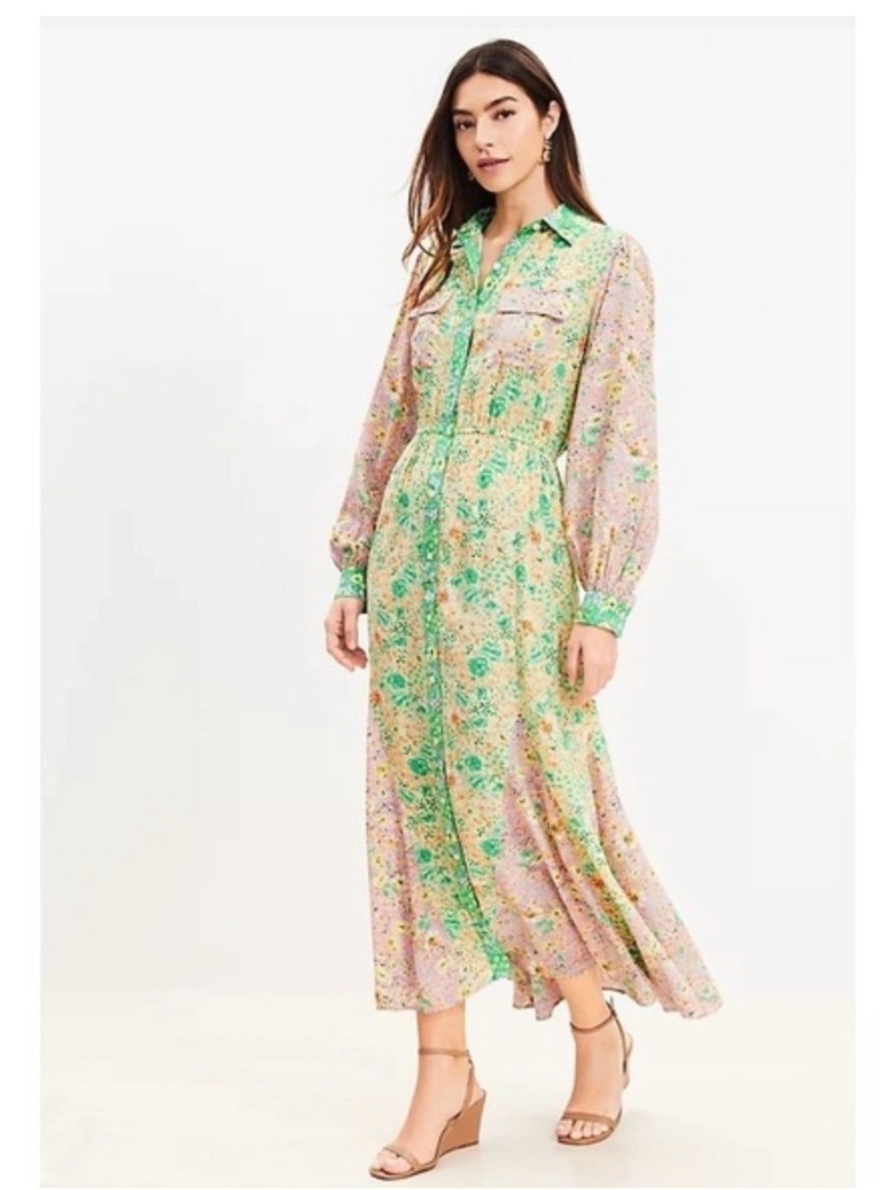 NWT LOFT Floral Godet Pocket Shirtdress size L